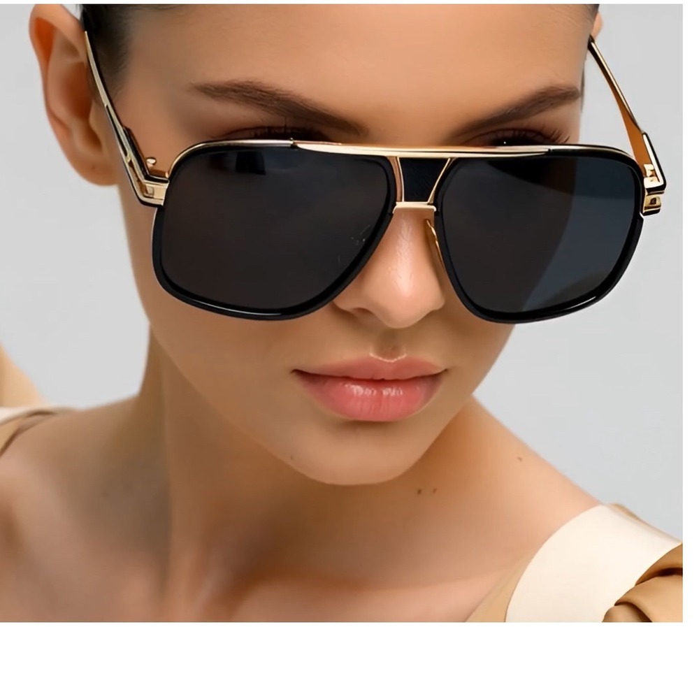 Women Sunglasses Rectangular Stylish Black Gold Designer Style UV Protection New - Picture 11 of 11
